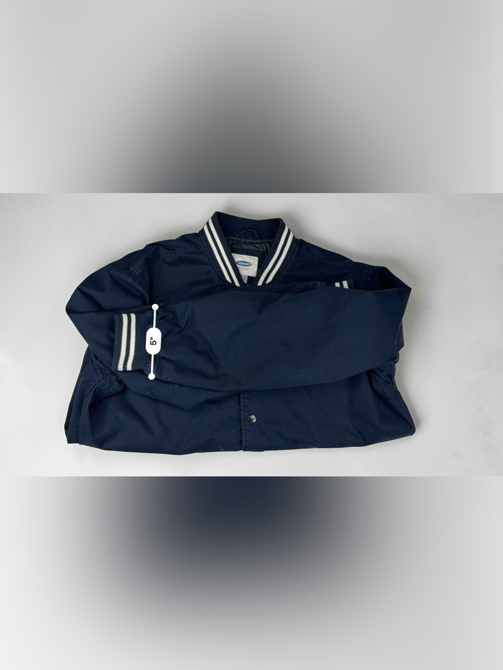 Old Navy Men’s XL Navy Cotton Varsity Bomber Jacket Striped Rib Trim Snap Front - Picture 15 of 17
